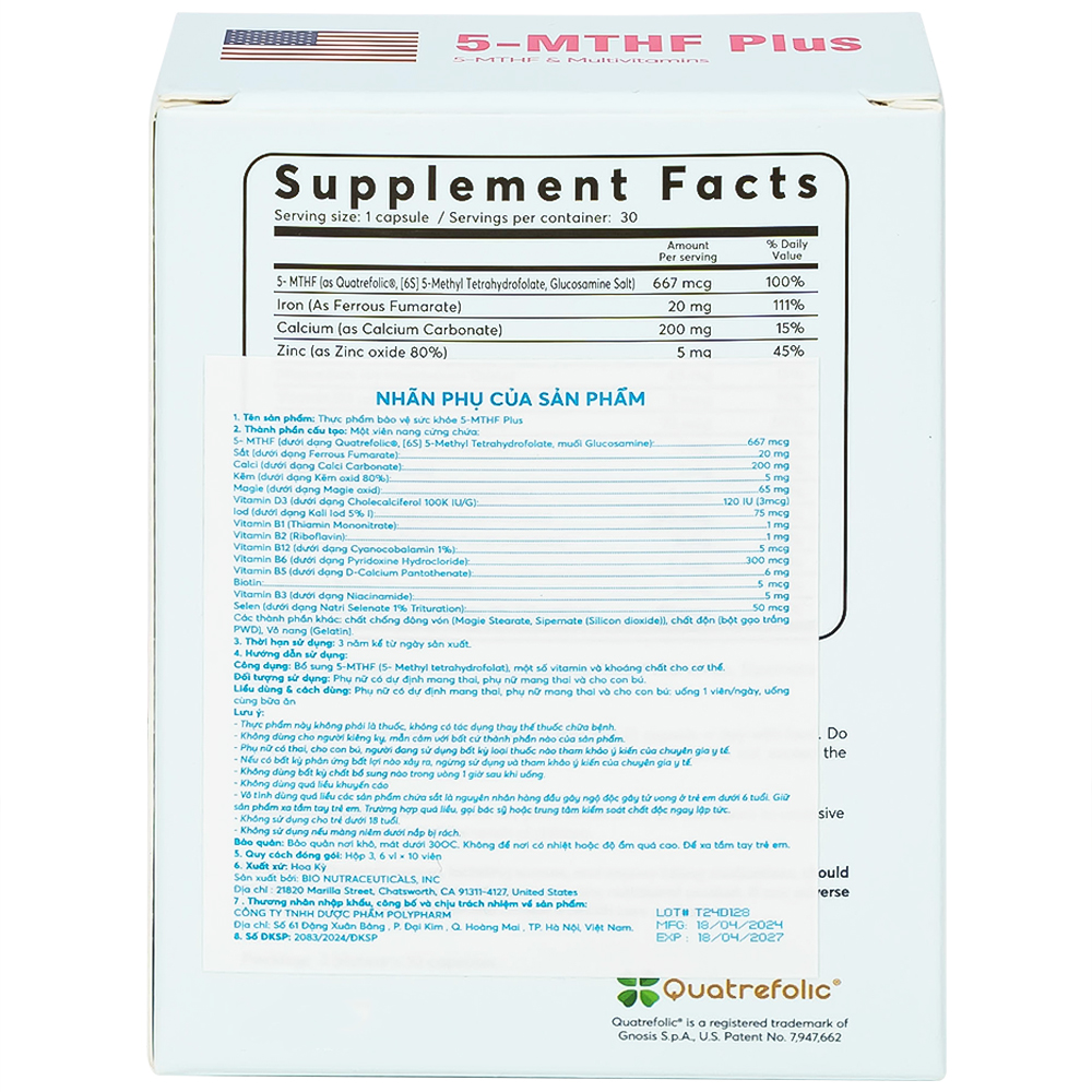 Viên bổ sung 5-MTHF, vitamin, khoáng chất cho phụ nữ mang thai 5-MTHF Plus (3 vỉ x 10 viên)