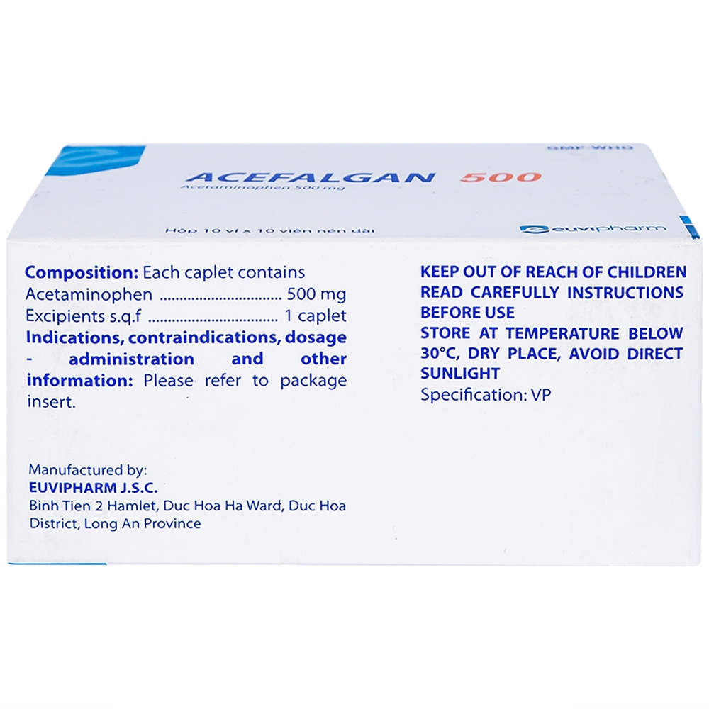 Thuốc Acefalgan 500mg Euvipharm giảm đau nhẹ đến vừa, hạ sốt (10 vỉ x 10 viên)