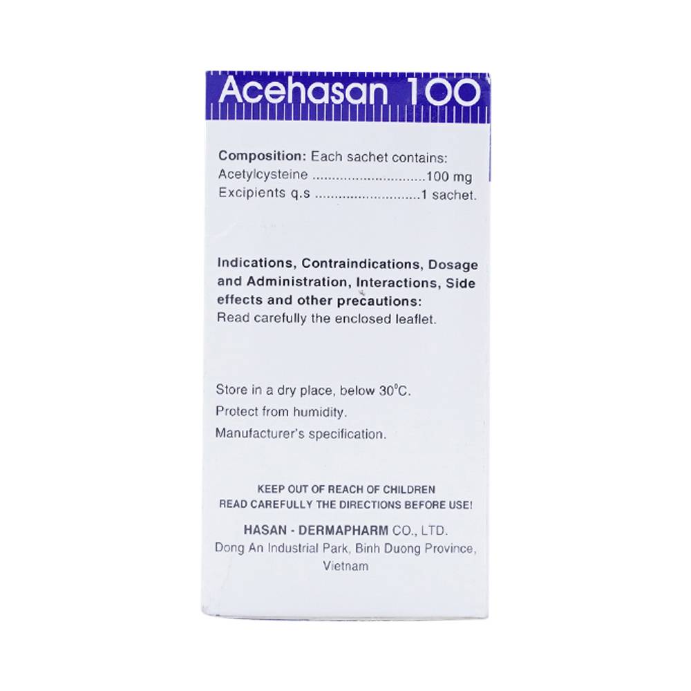 Thuốc bột Acehasan 100 Hasan làm loãng đờm trong các bệnh phế quản - phổi cấp và mãn tính (30 gói)