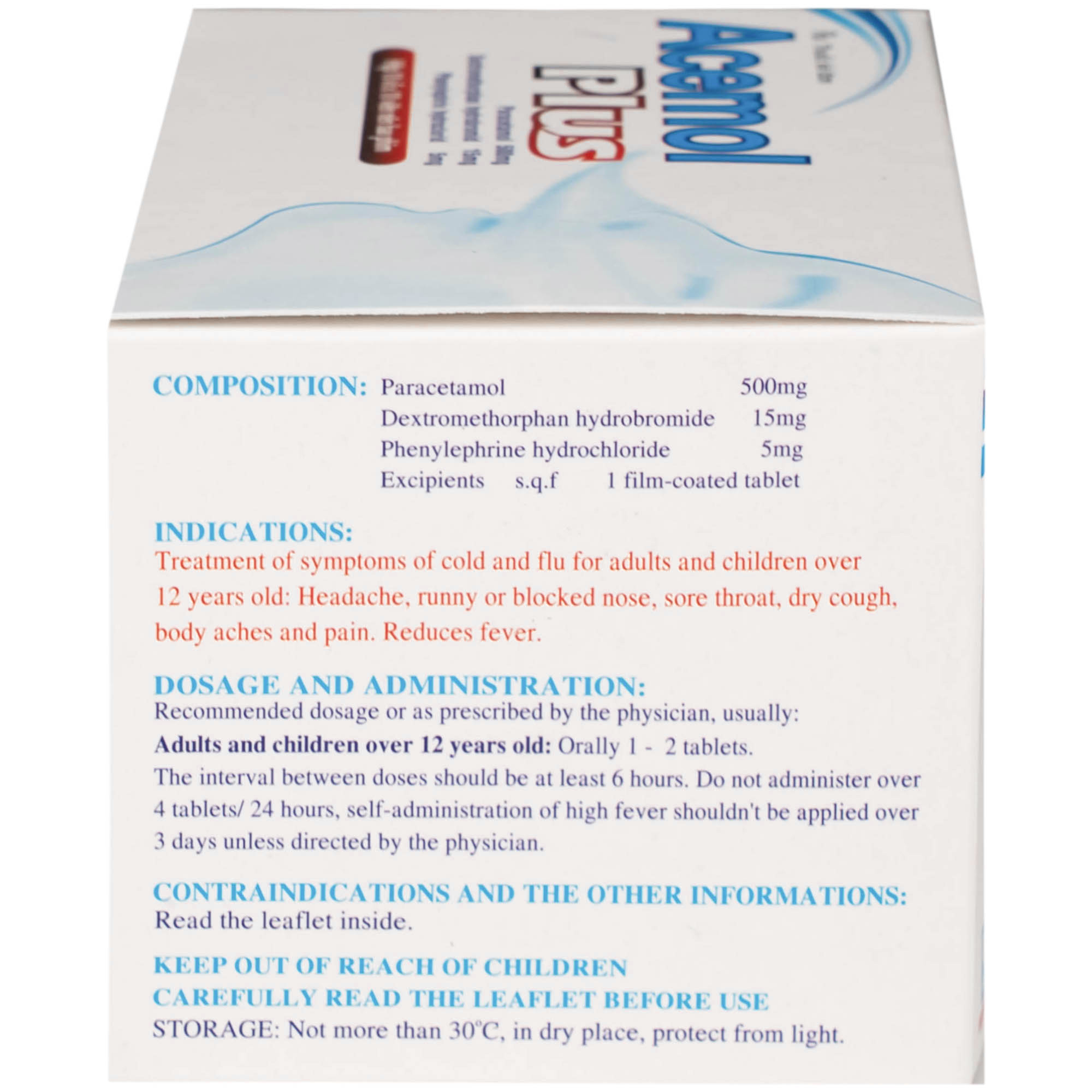 Thuốc Acemol Plus Nadyphar điều trị các triệu chứng của cảm cúm và cảm lạnh cho người lớn và trẻ em trên 12 tuổi (10 vỉ x 10 viên)
