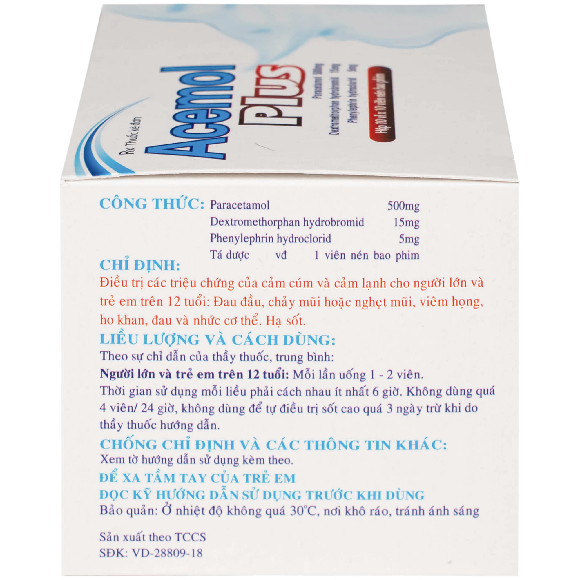 Thuốc Acemol Plus Nadyphar điều trị các triệu chứng của cảm cúm và cảm lạnh cho người lớn và trẻ em trên 12 tuổi (10 vỉ x 10 viên)