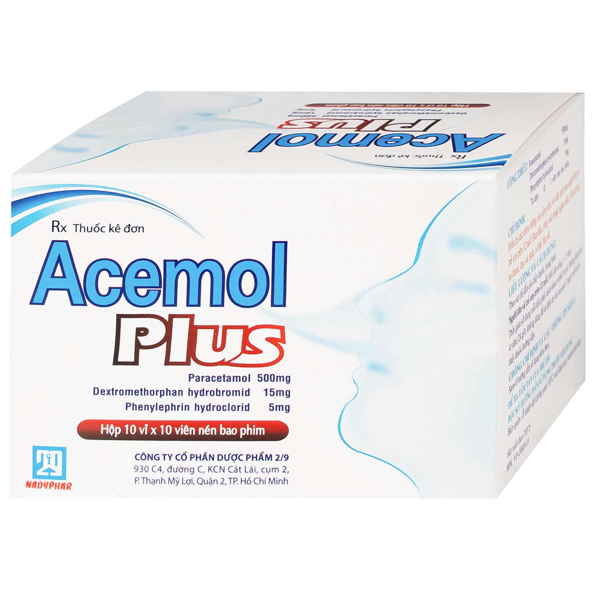 Thuốc Acemol Plus Nadyphar điều trị các triệu chứng của cảm cúm và cảm lạnh cho người lớn và trẻ em trên 12 tuổi (10 vỉ x 10 viên)