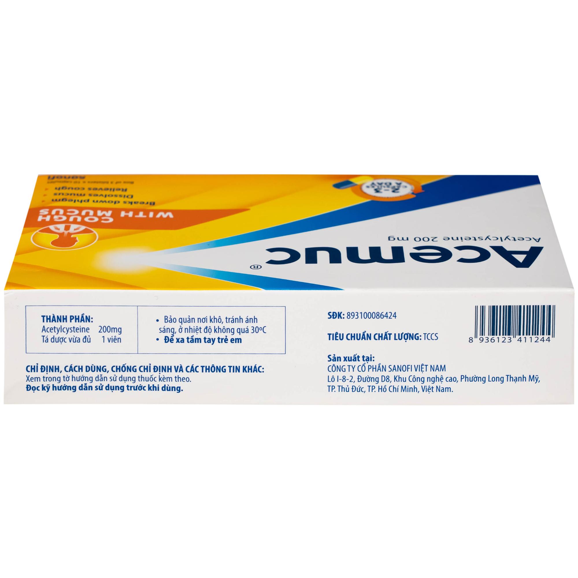 Thuốc Acemuc 200mg Sanofi long đàm, tiêu nhầy, giảm ho (3 vỉ x 10 viên)