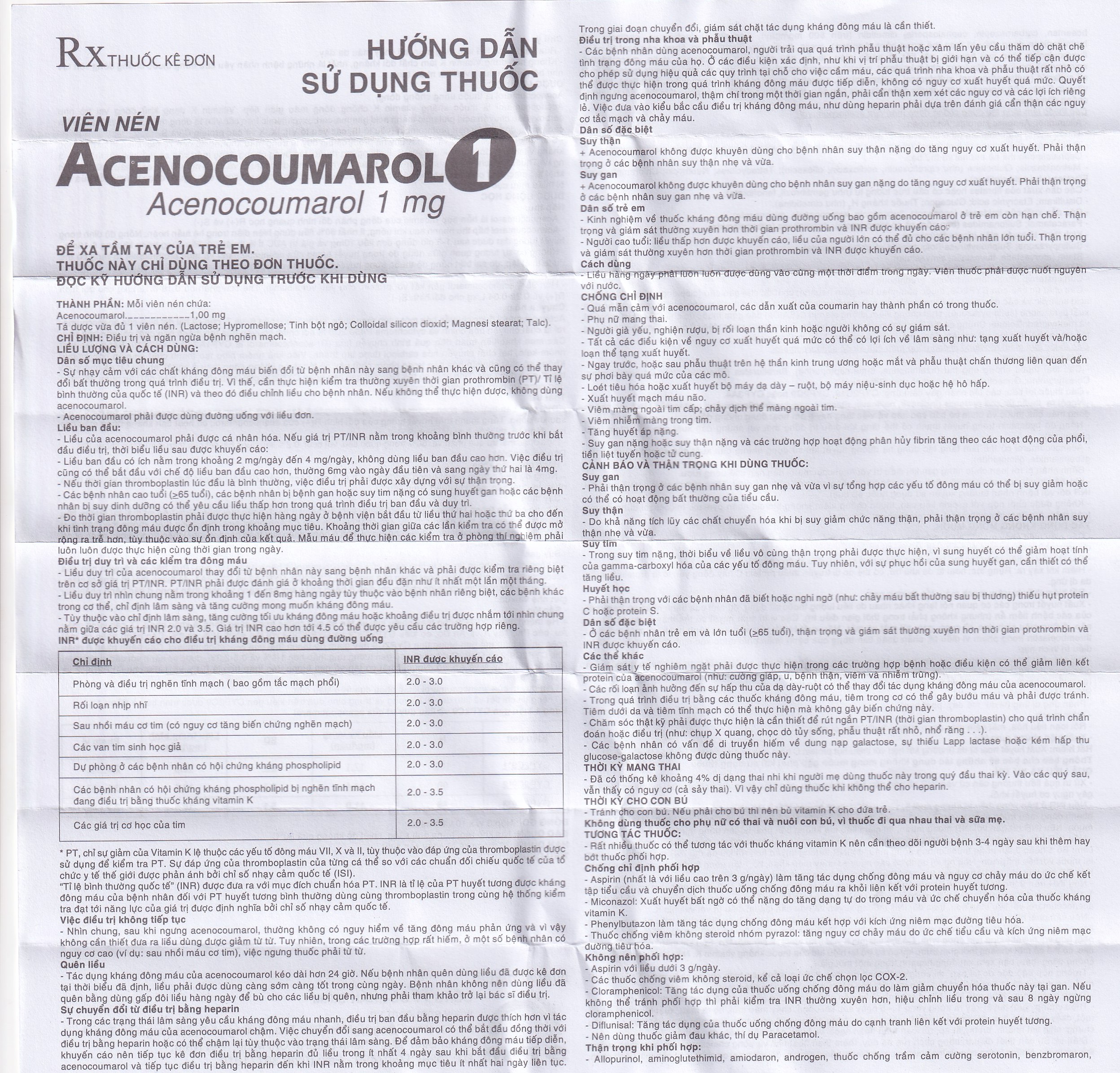 Thuốc Acenocoumarol 1 SPM điều trị và ngăn ngừa bệnh nghẽn mạch (3 vỉ x 10 viên)