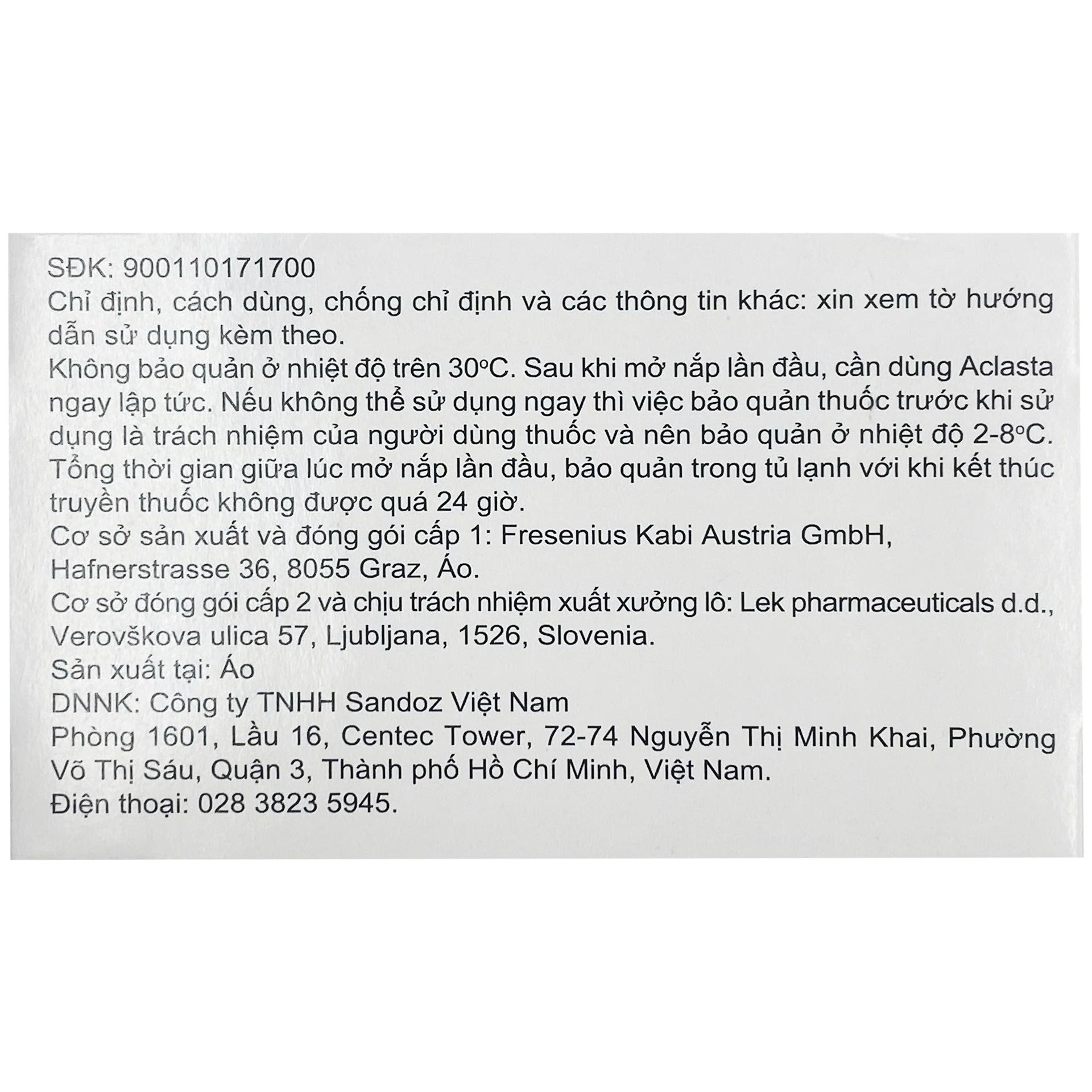 Dung dịch truyền tĩnh mạch Aclasta 5mg Sandoz điều trị loãng xương ở phụ nữ sau mãn kinh