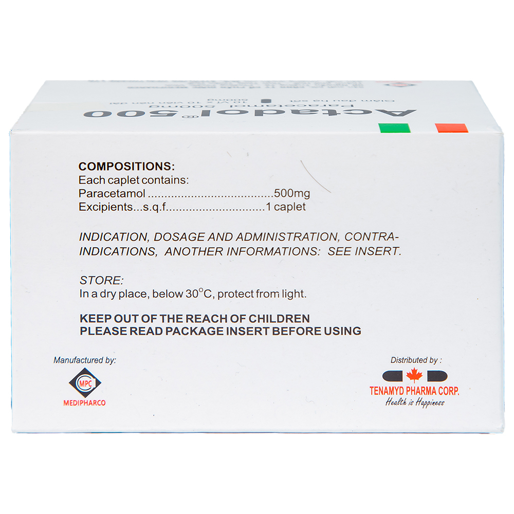 Thuốc Actadol 500 Medipharco điều trị các chứng đau và sốt từ nhẹ đến vừa (10 vỉ x 10 viên)