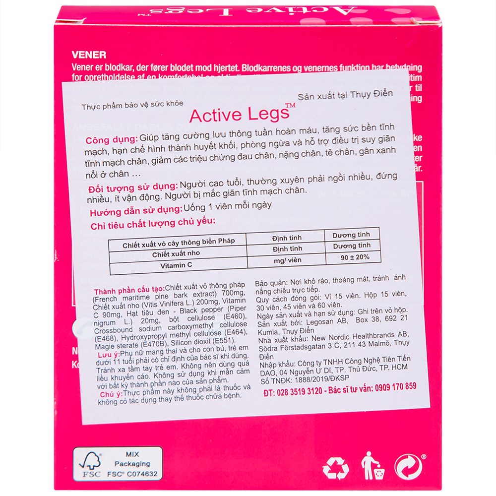 Viên uống hỗ trợ điều trị suy giãn tĩnh mạch chân Active Legs New Nordic (15 viên)