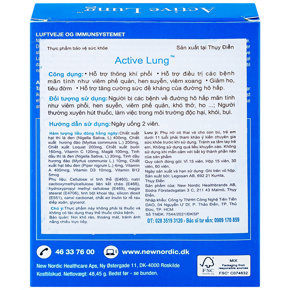 Viên uống hỗ trợ thông khí phổi, giảm viêm phế quản, hen suyễn Active Lung New Nordic (2 vỉ x 15 viên)