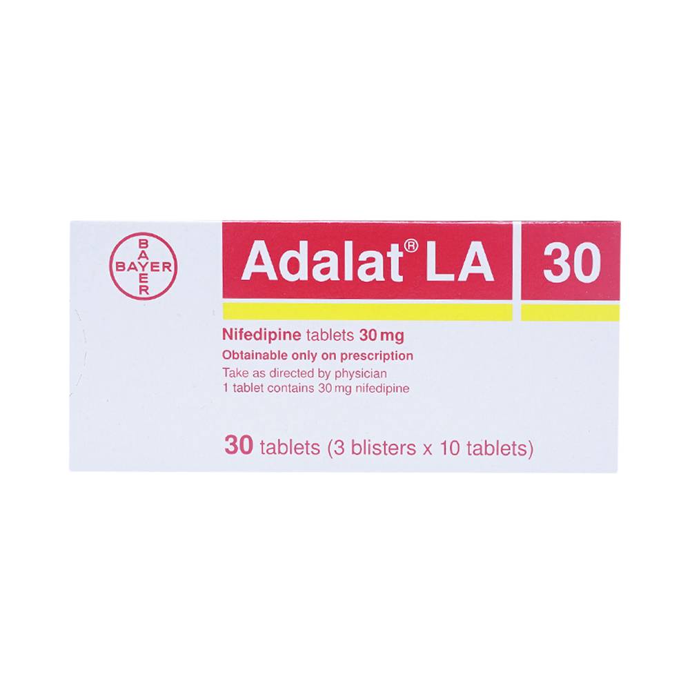 Thuốc Adalat LA 30 Bayer điều trị tăng huyết áp, dự phòng cơn đau thắt ngực ổn định mạn tính (3 vỉ x 10 viên)