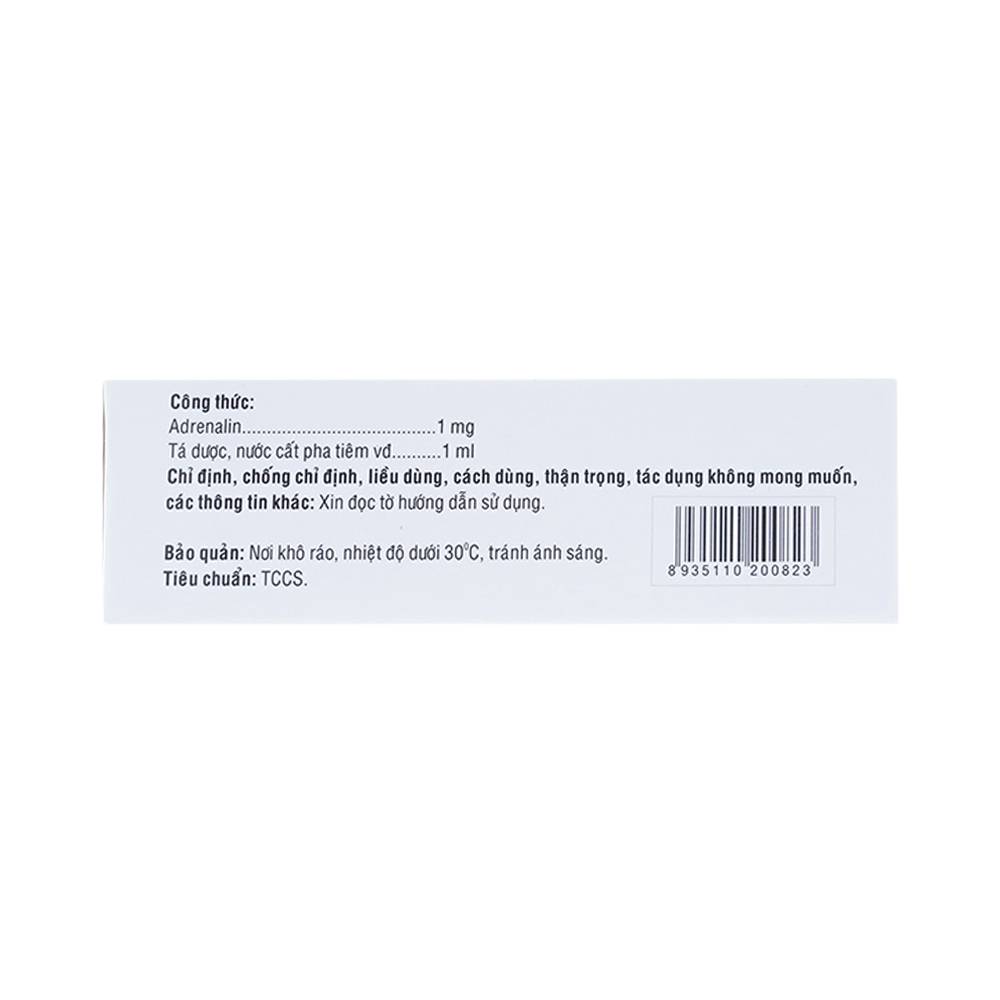 Dung dịch tiêm Adrenalin 1mg/1ml hồi sức tim phổi, cấp cứu choáng phản vệ (2 vỉ x 5 ống)