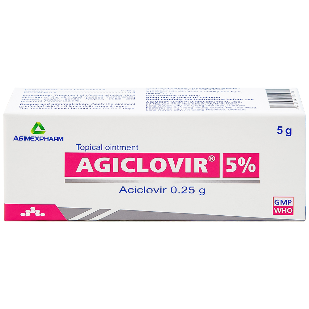 Thuốc mỡ bôi da Agiclovir 5% Agimexpharm điều trị nhiễm Herpes simplex, Herpes zoster, Herpes sinh dục (5g)