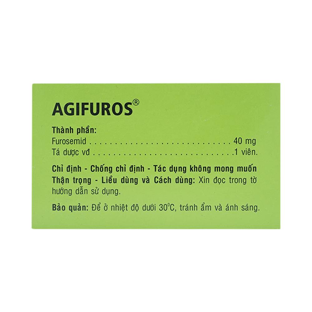 Thuốc Agifuros 40mg Agimexpharm điều trị phù phổi cấp, phù do tim, gan, thận (10 vỉ x 25 viên)
