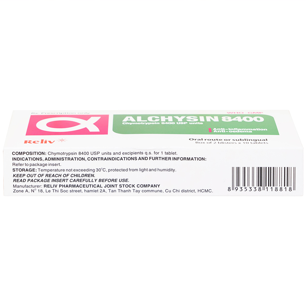 Thuốc Alchysin 8400 Reliv điều trị các trường hợp phù nề sau chấn thương (2 vỉ x 10 viên)