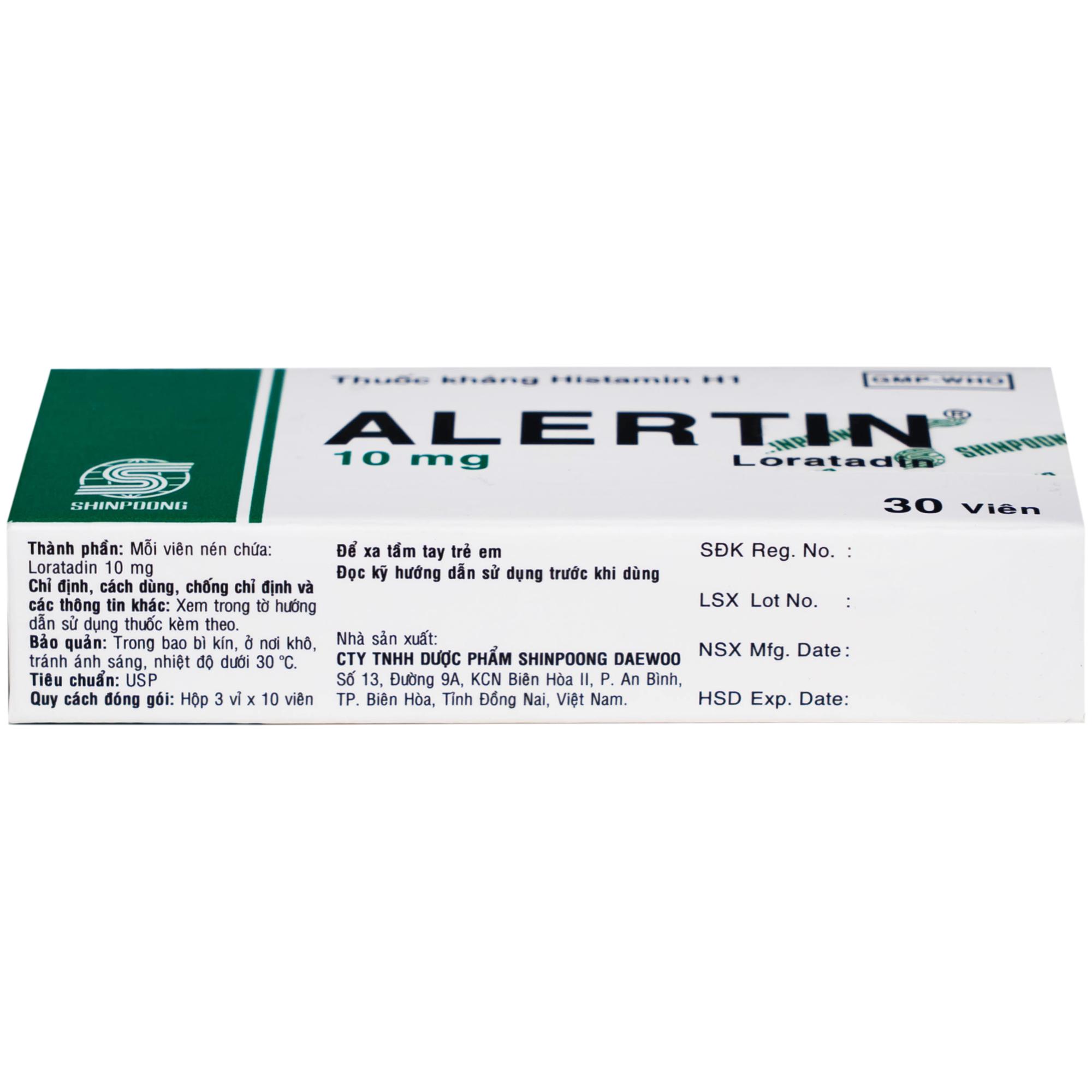 Thuốc Alertin 10mg Shinpoong Deawoo chỉ định trong trường hợp viêm mũi dị ứng, viêm kết mạc dị ứng (3 vỉ x 10 viên)