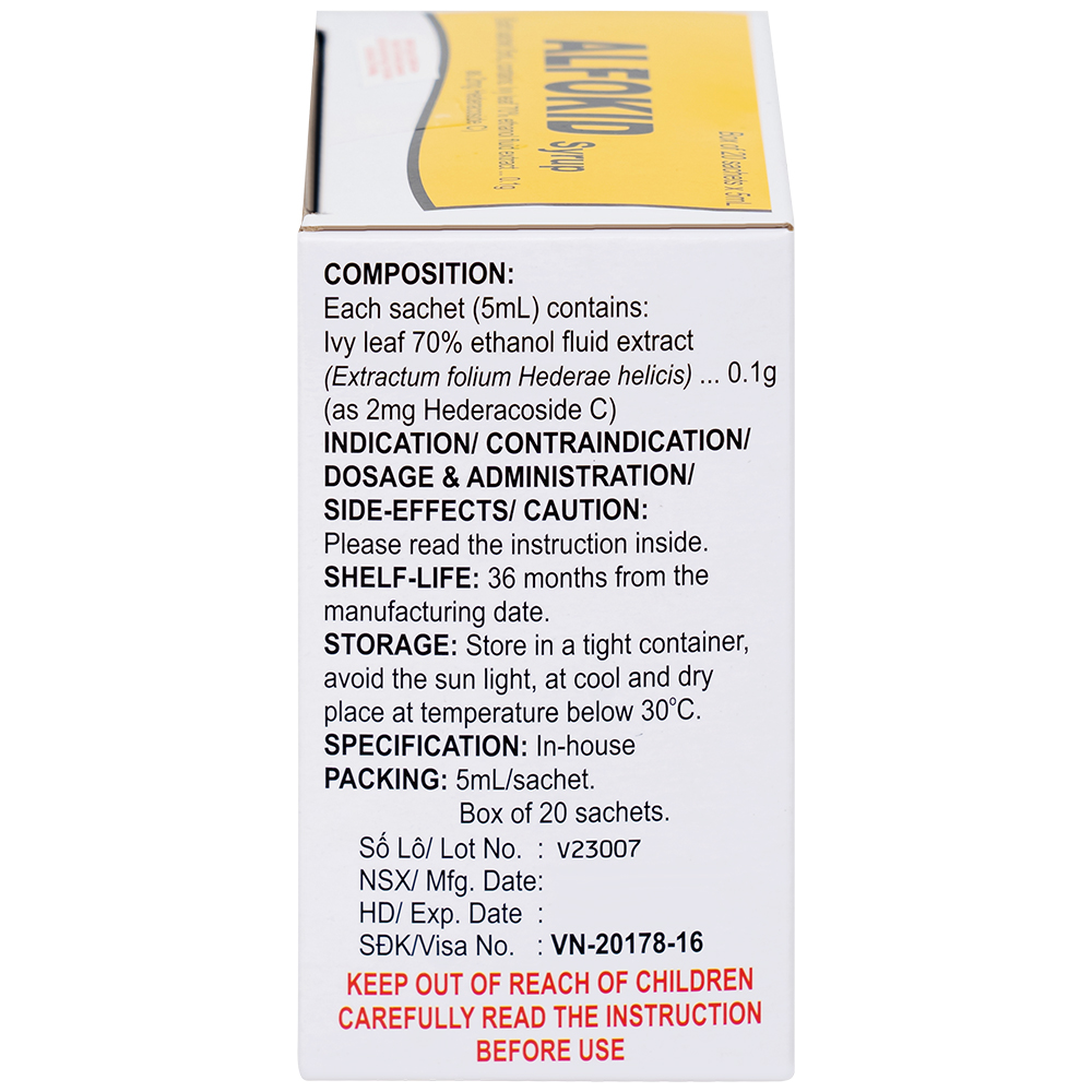 Thuốc Alfokid Syrup Kolmar điều trị giảm ho do viêm phế quản mạn tính, viêm đường hô hấp (20 túi)