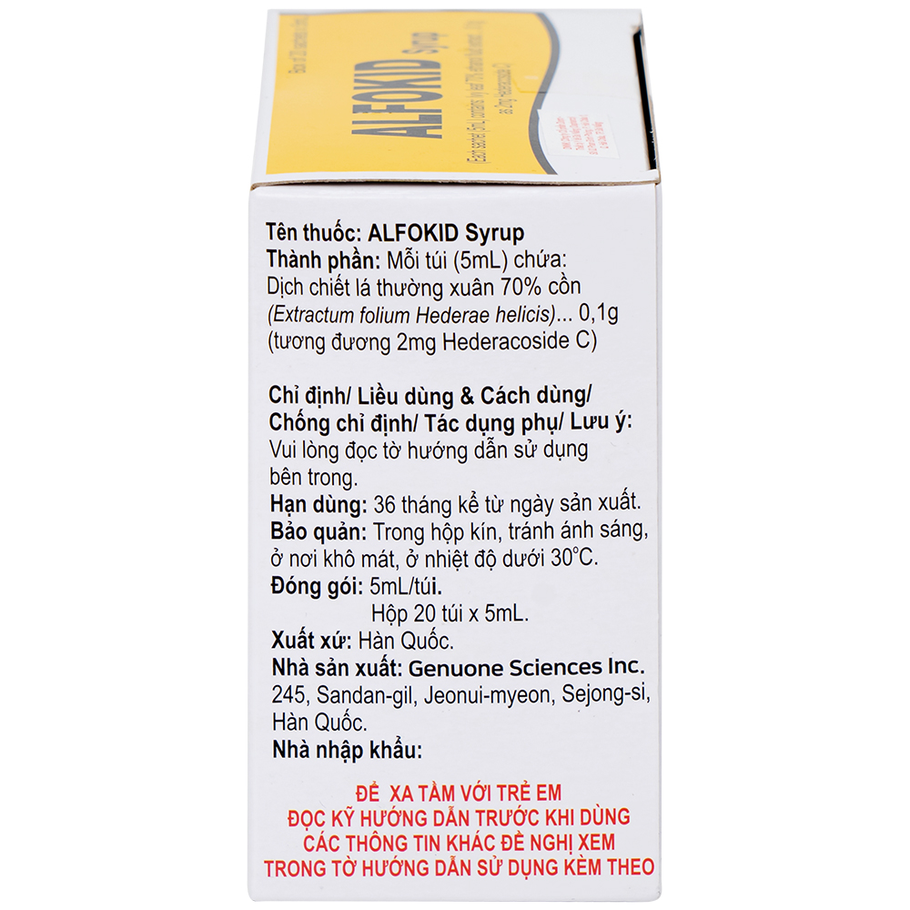 Thuốc Alfokid Syrup Kolmar điều trị giảm ho do viêm phế quản mạn tính, viêm đường hô hấp (20 túi)