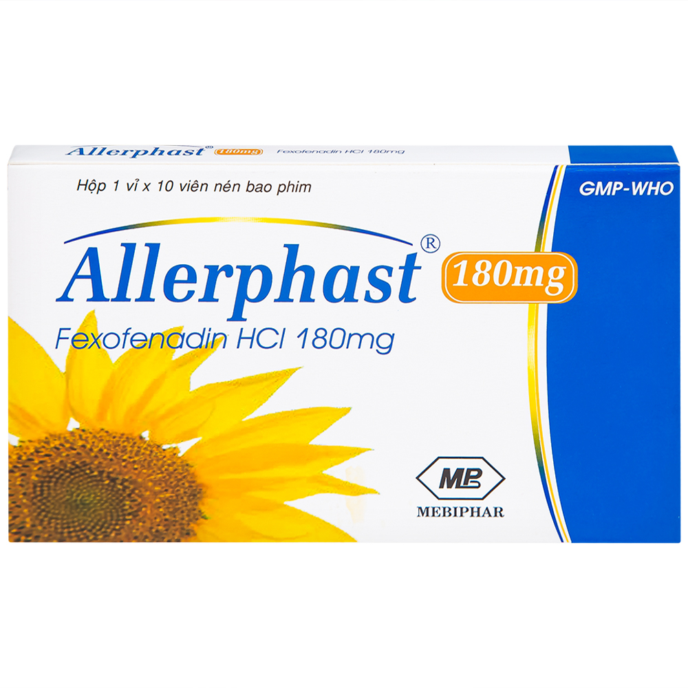 Thuốc Allerphast 180mg Mebiphar điều trị viêm mũi dị ứng theo mùa, mày đay mạn tính vô căn (1 vỉ x 10 viên)