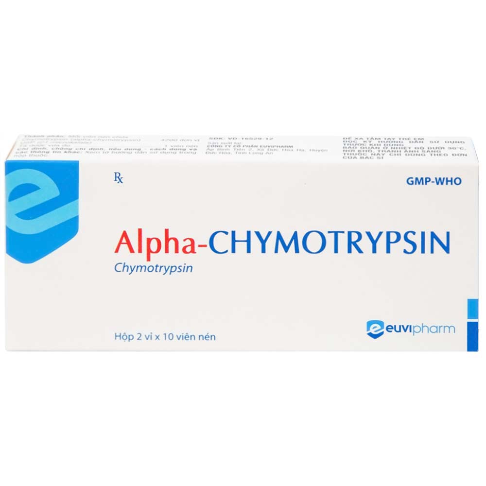 Thuốc Alpha-Chymotrypsin Euvipharm điều trị phù nề sau chấn thương, phẩu thuật, bỏng (2 vỉ x 10 viên)