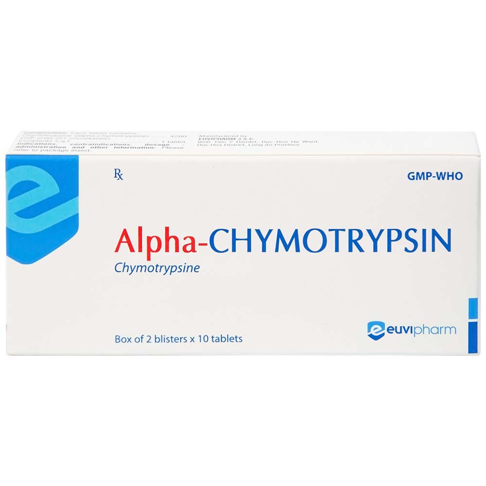 Thuốc Alpha-Chymotrypsin Euvipharm điều trị phù nề sau chấn thương, phẩu thuật, bỏng (2 vỉ x 10 viên)