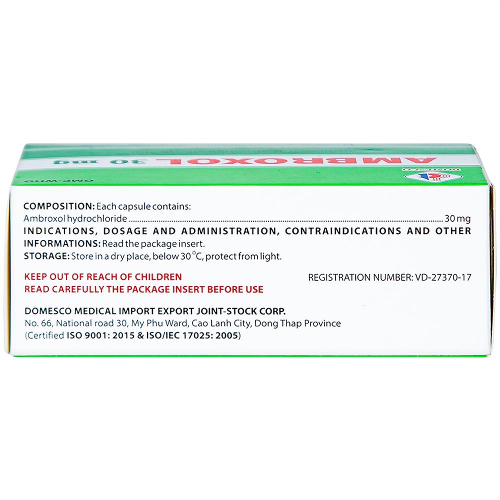 Thuốc Ambroxol 30mg Domesco điều trị viêm phế quản, hen phế quản (10 vỉ x 10 viên)