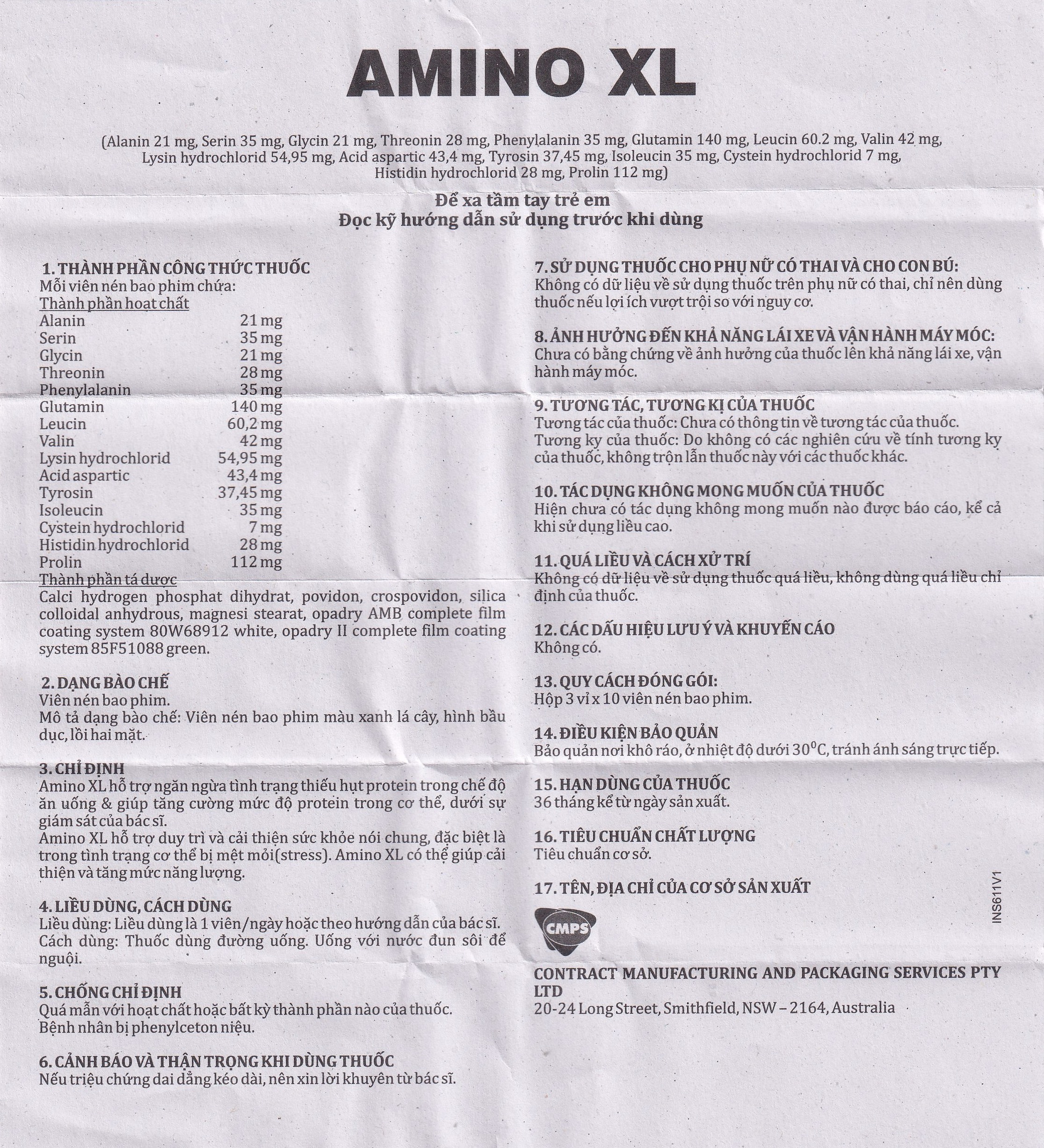 Thuốc Amino XL CMPS hỗ trợ ngăn ngừa thiếu hụt protein, duy trì và cải thiện sức khỏe (3 vỉ x 10 viên)