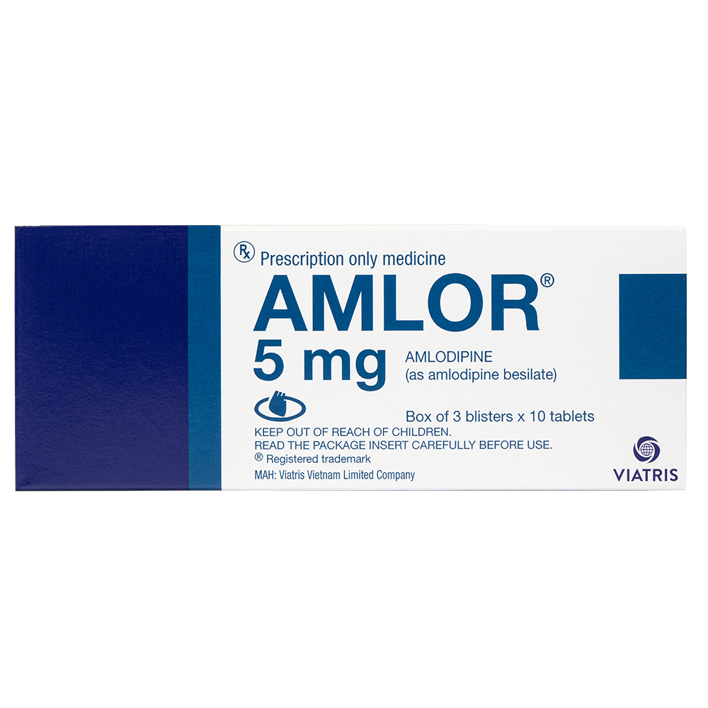 Thuốc Amlor 5mg Tablets Viatris điều trị tăng huyết áp, đau thắt ngực (3 vỉ x 10 viên)