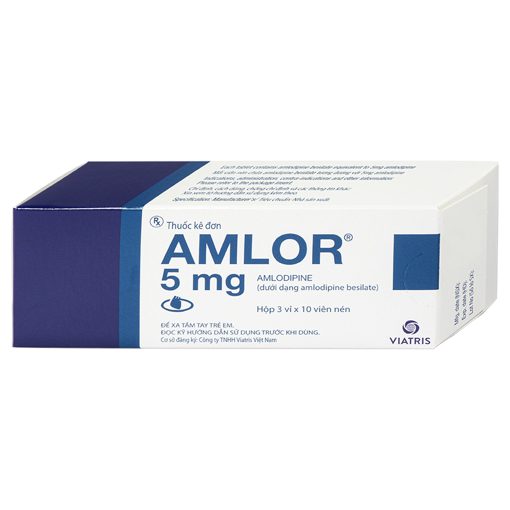 Thuốc Amlor 5mg Tablets Viatris điều trị tăng huyết áp, đau thắt ngực (3 vỉ x 10 viên)