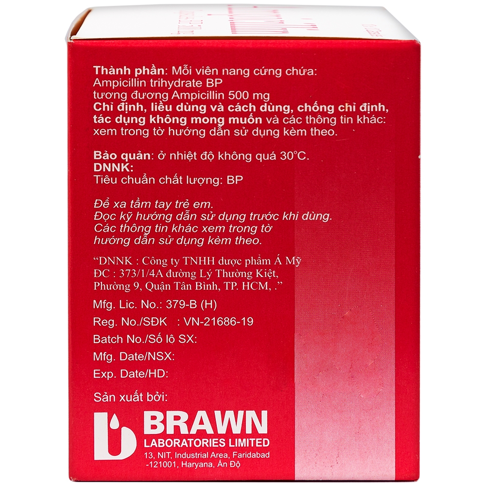 Thuốc Ampicillin Capsules BP 500mg Brawn điều trị nhiễm khuẩn (10 vỉ x 10 viên)