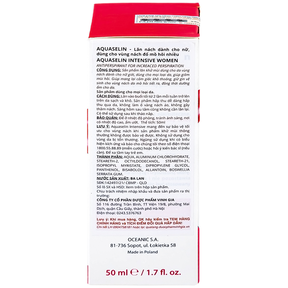 Lăn khử mùi giảm tiết mồ hôi cho nữ Aquaselin Intensive Women 50ml