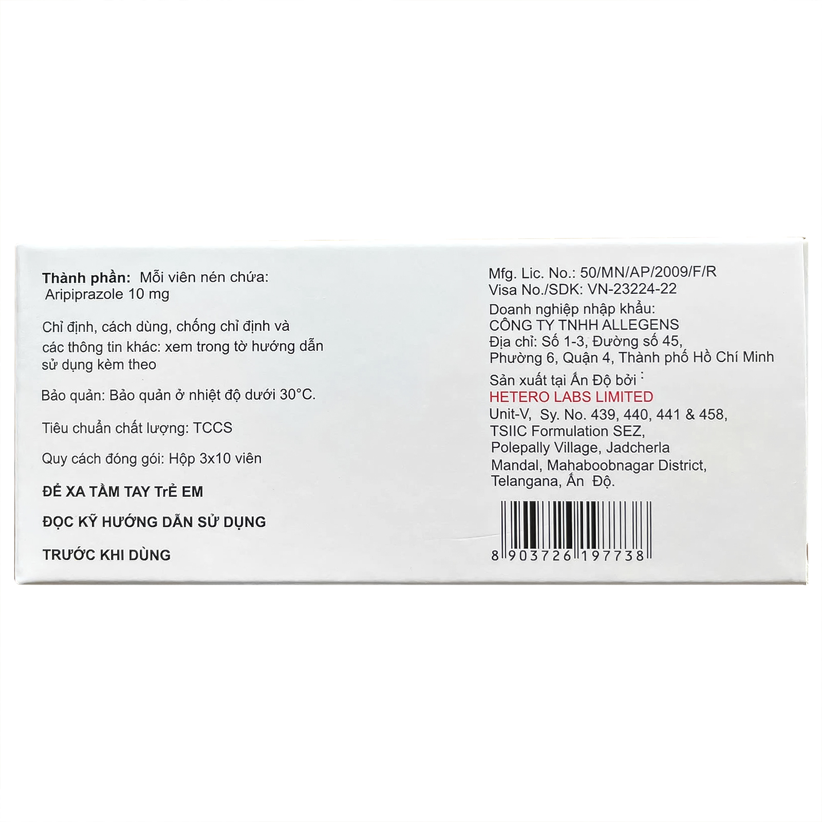 Thuốc Aritero 10 Hetero điều trị tâm thần phân liệt, rối loạn lưỡng cực (3 vỉ x 10 viên)