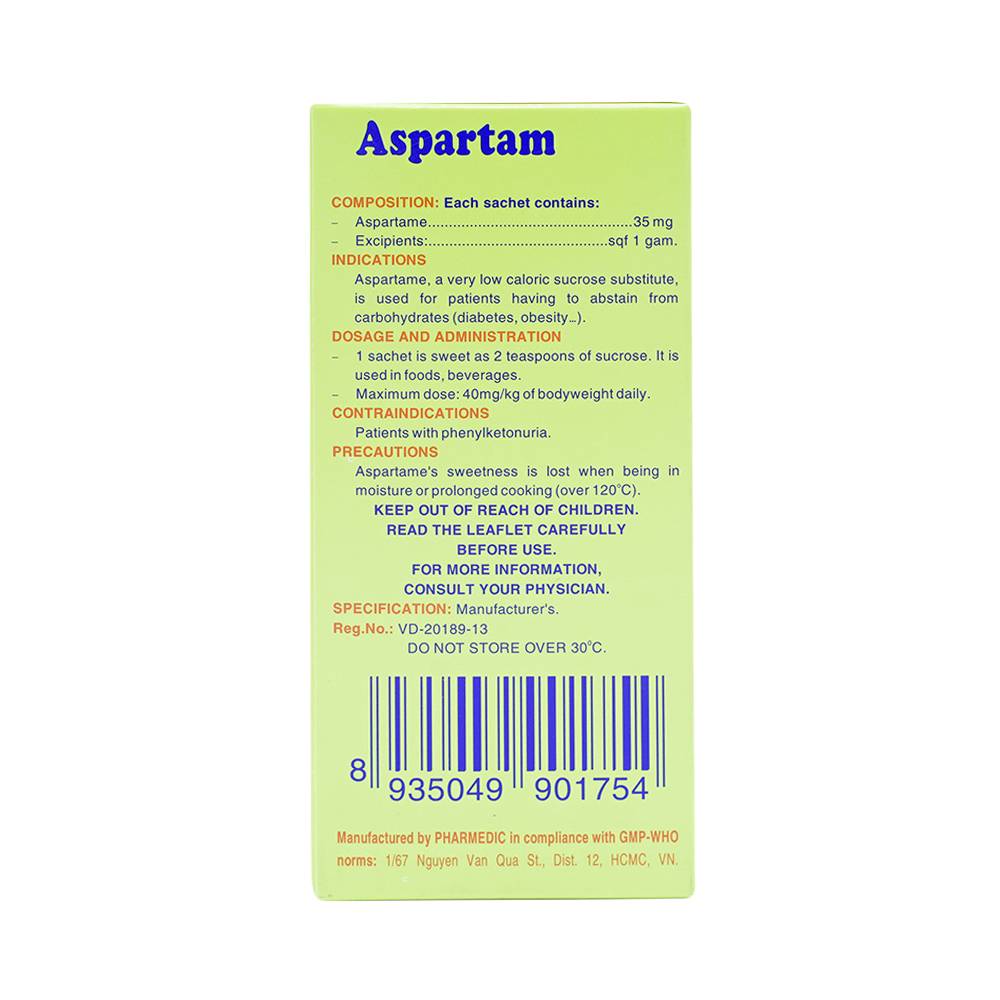 Thuốc bột Aspartam Pharmedic tạo vi ngọt ít năng lượng dành cho người béo phì, tiểu đường (50 gói x 1g)