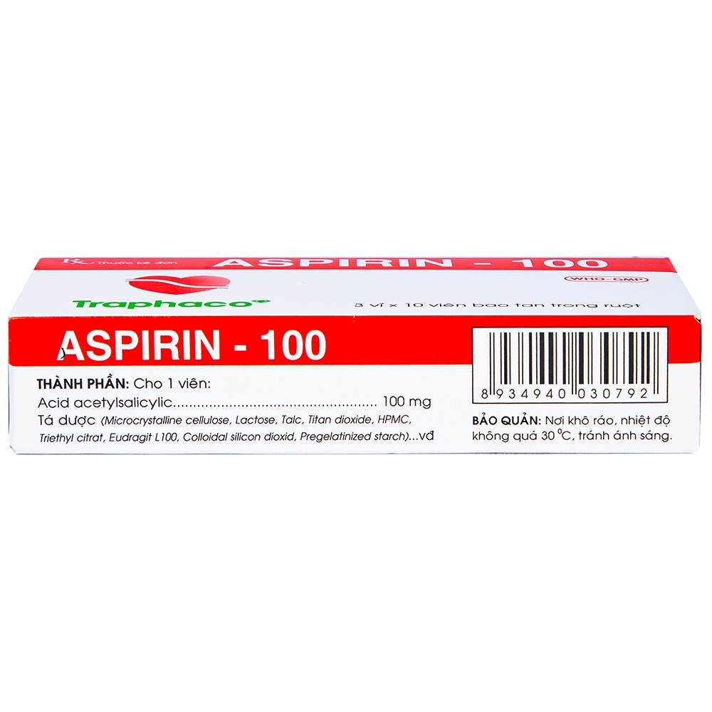 Thuốc Aspirin 100mg Traphaco phòng ngừa nhồi máu cơ tim, đột quỵ (3 vỉ x 10 viên)