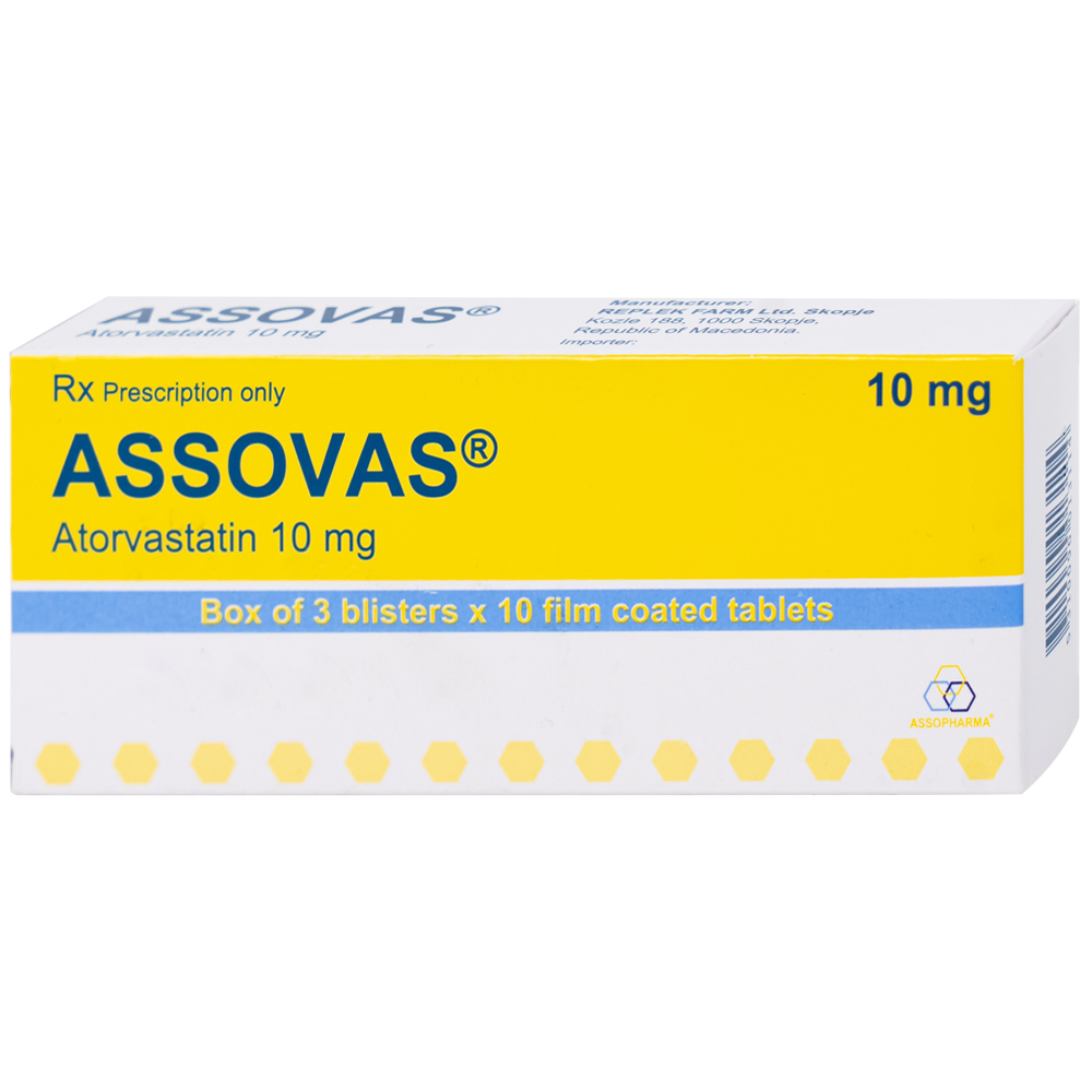 Thuốc Assovas 10mg Assopharma điều trị tăng cholesterol máu nguyên phát (3 vỉ x 10 viên)