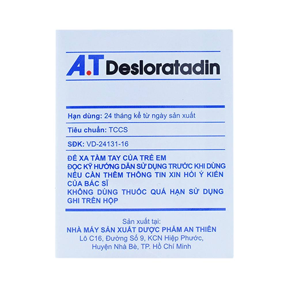 Dung dịch uống A.T Desloratadin 2.5mg An Thiên giảm viêm mũi dị ứng, nổi mày đay mạn tính (30 ống x 5ml)