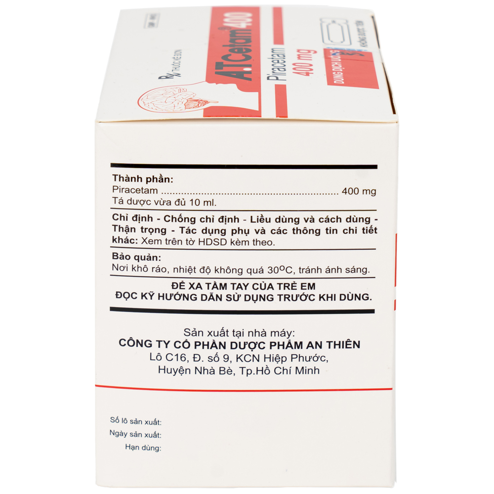 Thuốc A.T Cetam 400 An Thiên điều trị chóng mặt, giật rung cơ, thiếu máu não, suy giảm nhận thức ở người già (30 ống x 10ml)