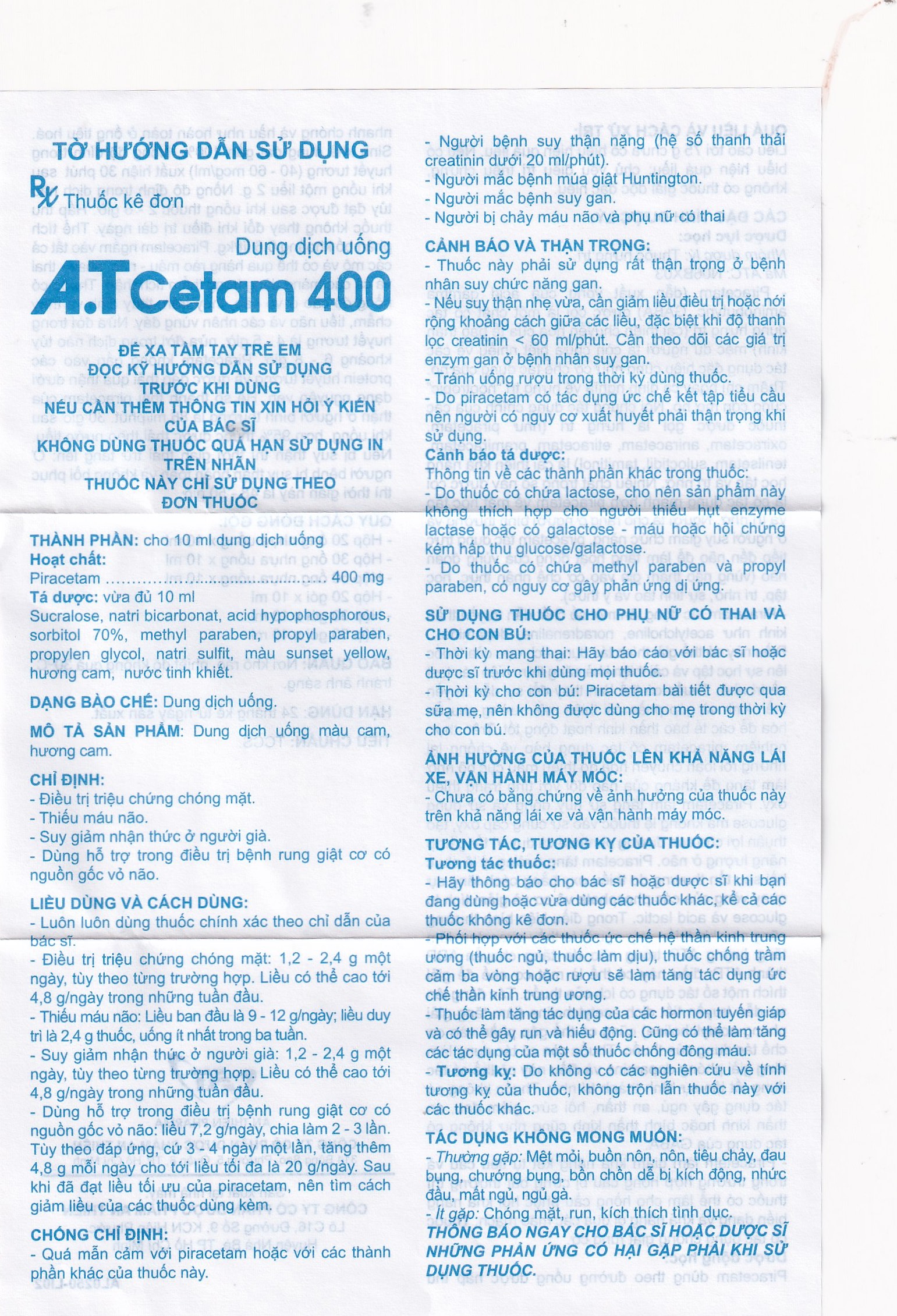 Thuốc A.T Cetam 400 An Thiên điều trị chóng mặt, giật rung cơ, thiếu máu não, suy giảm nhận thức ở người già (30 ống x 10ml)