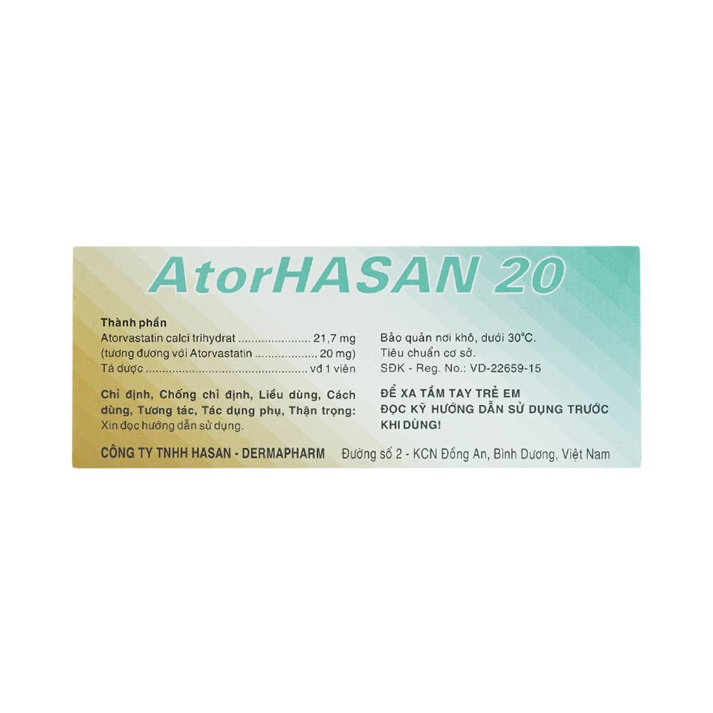 Thuốc AtorHasan 20mg giảm cholesterol và triglycerid trong máu (10 vỉ x 10 viên)
