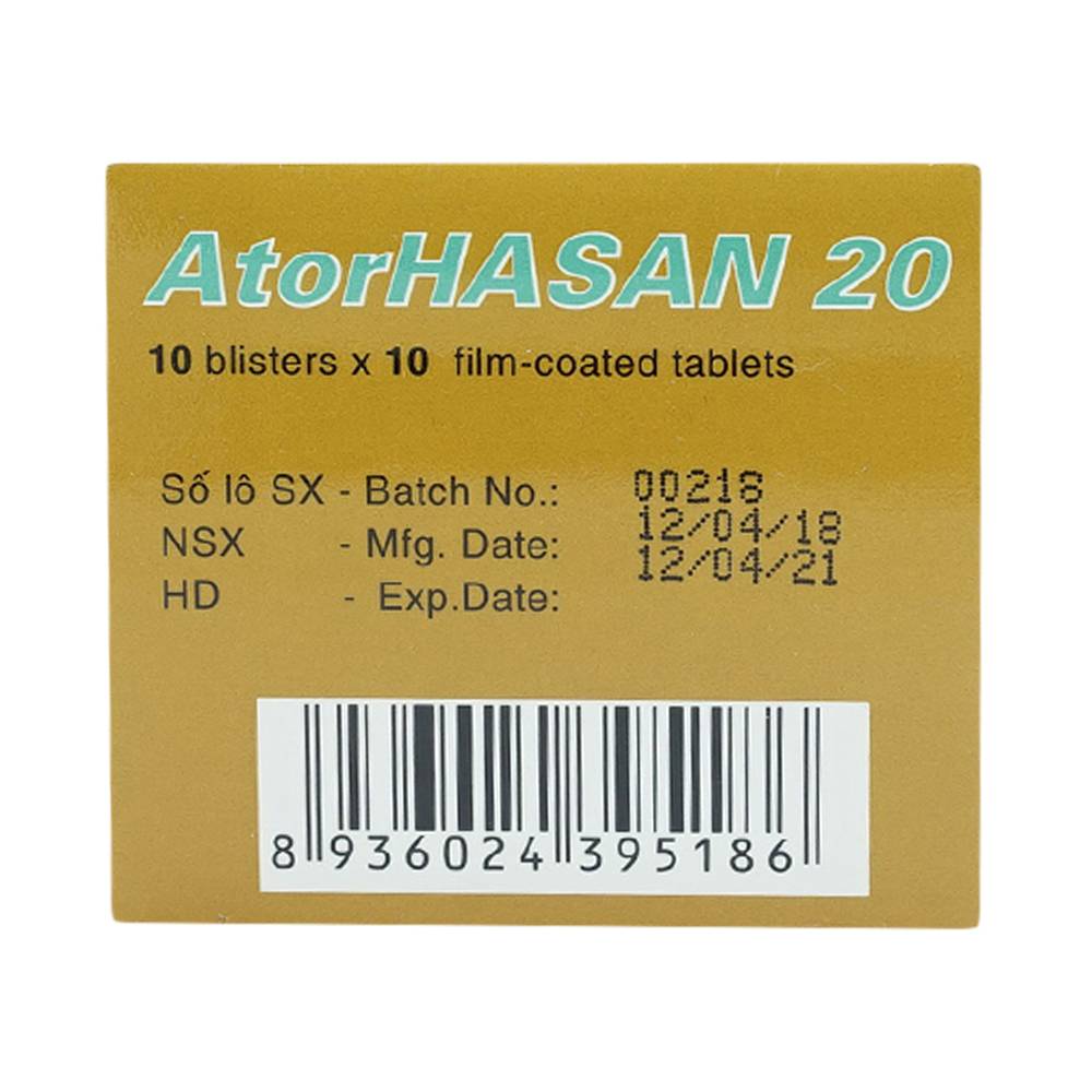 Thuốc AtorHasan 20mg giảm cholesterol và triglycerid trong máu (10 vỉ x 10 viên)