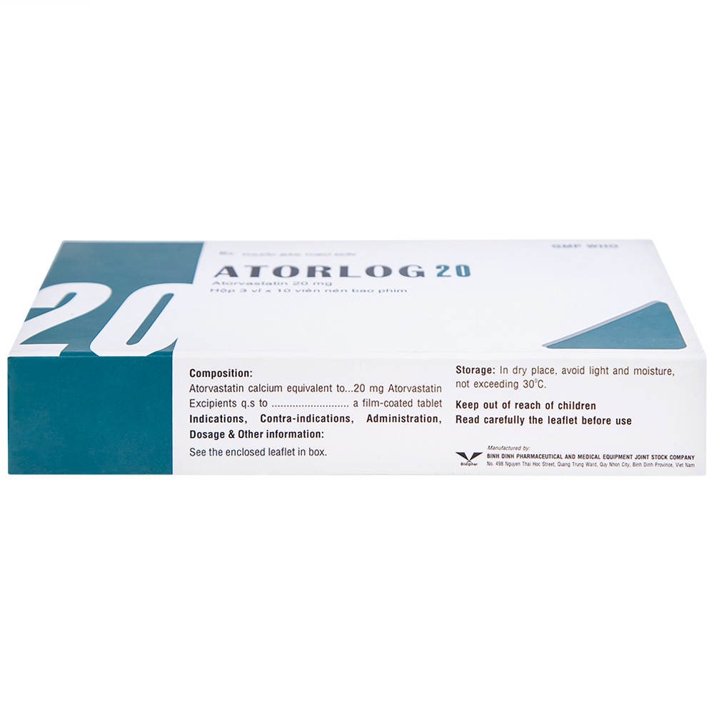 Thuốc Atorlog 20mg Bidiphar điều trị tăng cholesterol toàn phần và LDL-cholesterol (3 vỉ x 10 viên)