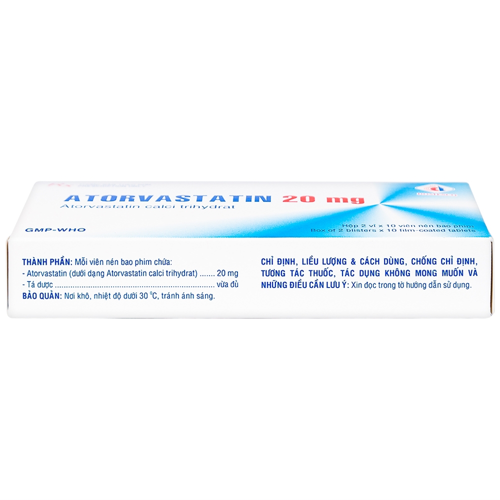 Thuốc Atorvastatin 20mg Domesco điều trị tăng lipid huyết, phòng ngừa bệnh tim mạch (2 vỉ x 10 viên)