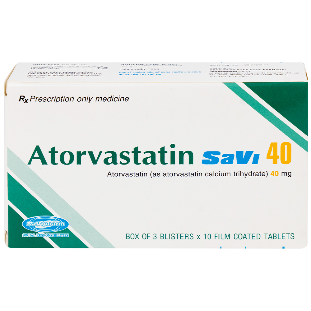 Thuốc Atorvastatin 40mg Savi điều trị rối loạn lipid máu, mỡ máu, cholesterol máu cao (3 vỉ x 10 viên)
