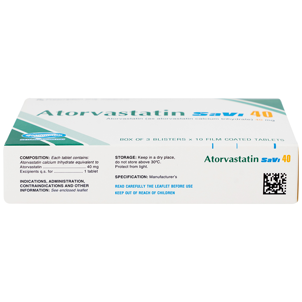 Thuốc Atorvastatin 40mg Savi điều trị rối loạn lipid máu, mỡ máu, cholesterol máu cao (3 vỉ x 10 viên)
