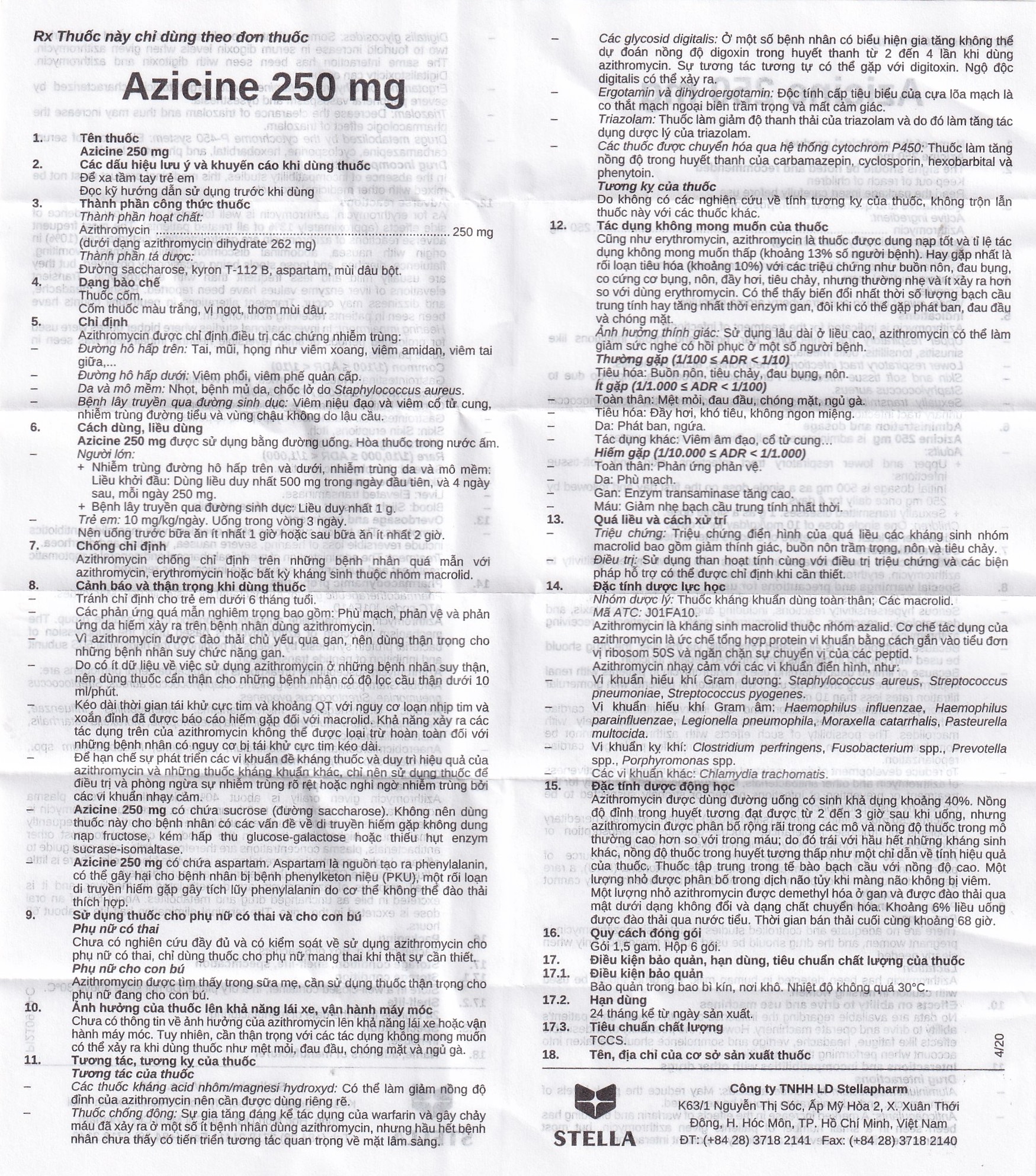 Thuốc cốm Azicine 250mg Stella điều trị nhiễm khuẩn (6 gói x 1g)