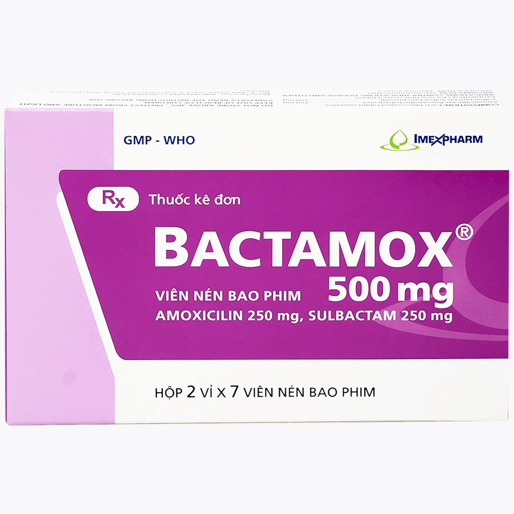 Thuốc Bactamox 500mg Imexpharm điều trị nhiễm khuẩn đường hô hấp dưới, viêm tai giữa (2 vỉ x 7 viên)
