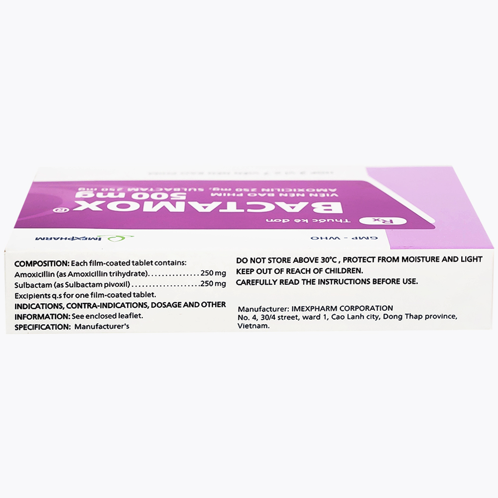 Thuốc Bactamox 500mg Imexpharm điều trị nhiễm khuẩn đường hô hấp dưới, viêm tai giữa (2 vỉ x 7 viên)