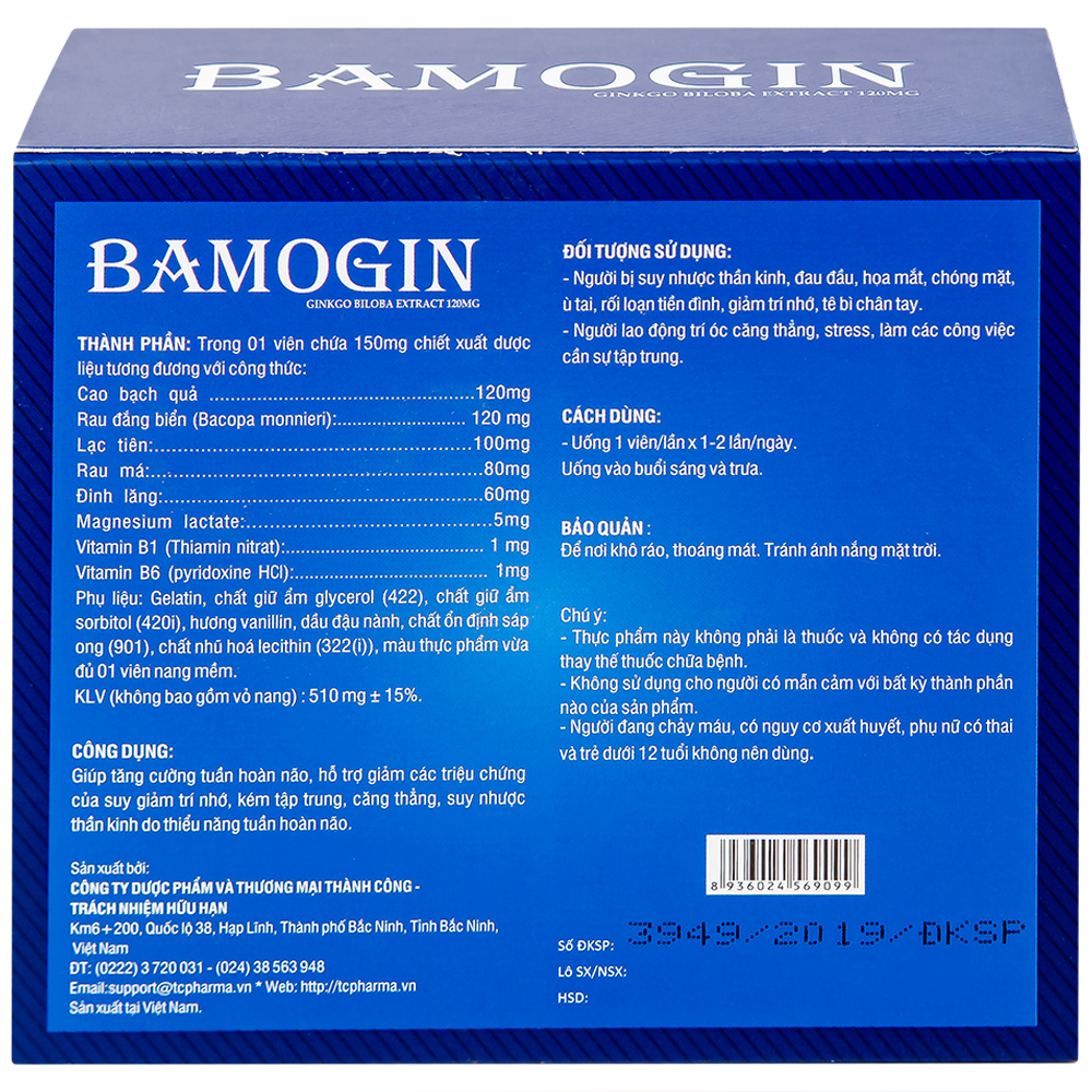 Viên uống tăng cường tuần hoàn não, cải thiện trí nhớ Bamogin Thành Công (6 vỉ x 10 viên)