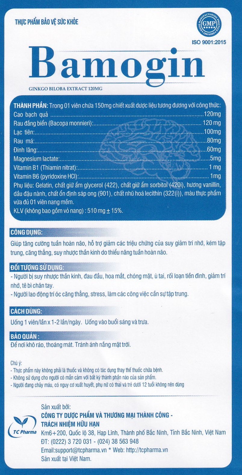 Viên uống tăng cường tuần hoàn não, cải thiện trí nhớ Bamogin Thành Công (6 vỉ x 10 viên)