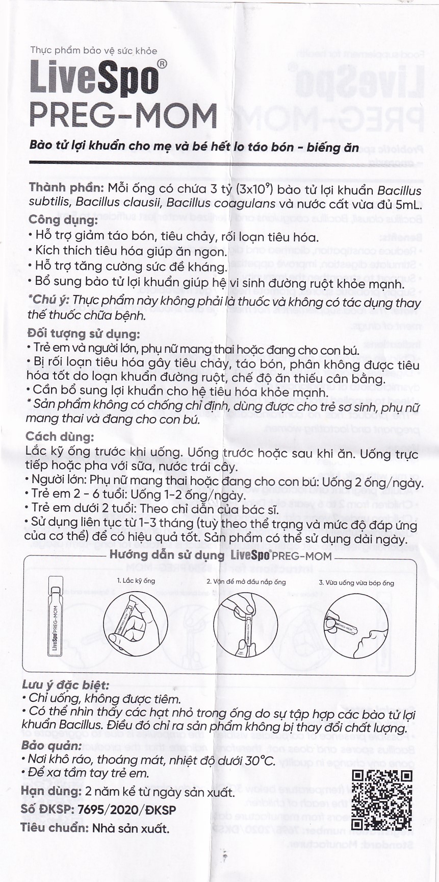 Bào tử lợi khuẩn cho mẹ và bé hết lo táo bón - biếng ăn LiveSpo PREG-MOM (20 ống x 5ml)