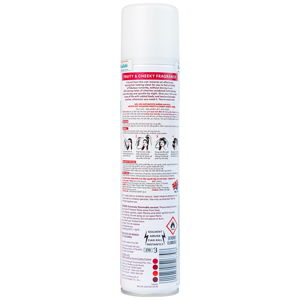 Dầu gội khô Batiste Dry Shampoo Fruity và Cheeky Cherry làm sạch tóc, giảm bết dầu hương cherry (200ml)