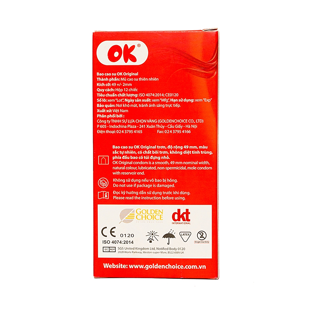 Bao cao su OK Original không mùi, bổ sung chất bôi trơn và không chứa chất diệt tinh trùng (12 cái)